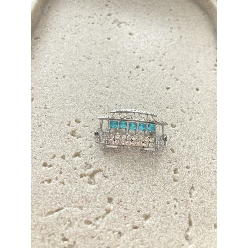 Trolley Cable Car Brooch Rhinestone Streetcar Train Travel Silver Tone Teal Blue